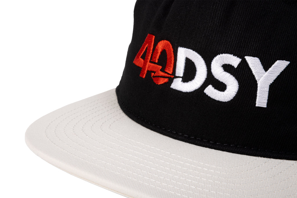 Odyssey 40DSY 5-Panel Hat (Black/White with Red/White Embroidery)