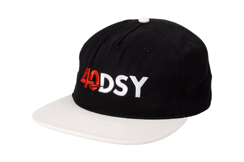 Odyssey 40DSY 5-Panel Hat (Black/White with Red/White Embroidery)