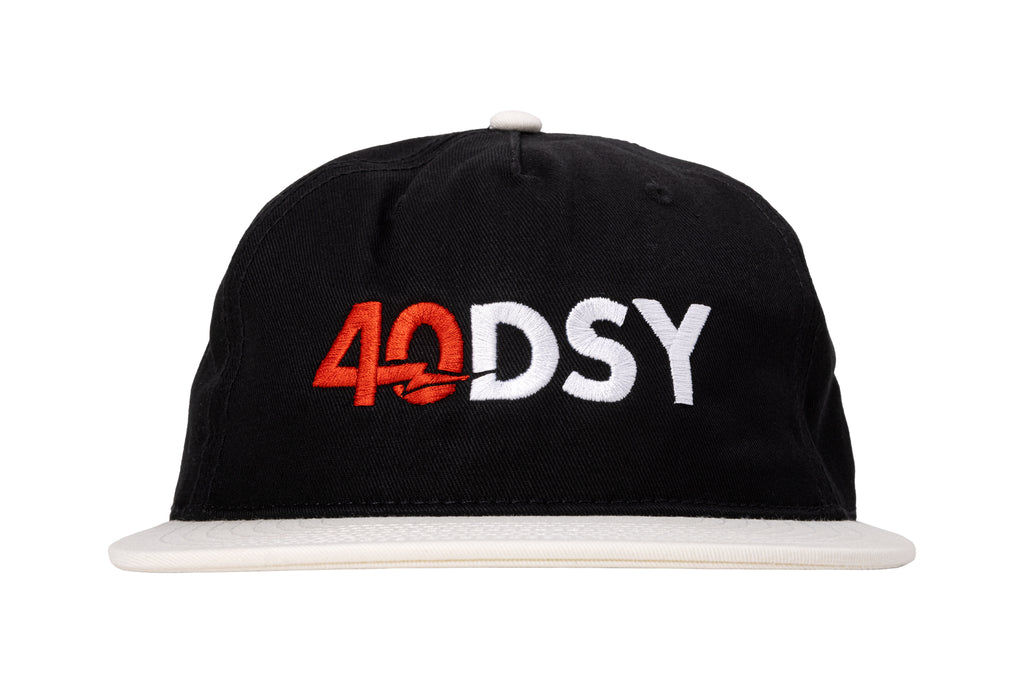 Odyssey 40DSY 5-Panel Hat (Black/White with Red/White Embroidery)