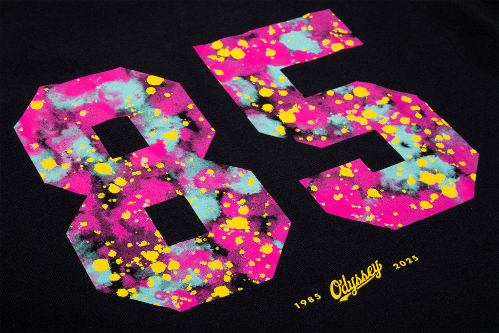 Odyssey '85 Splatter Tee (Black w/ Teal+Purple+Yellow Ink)