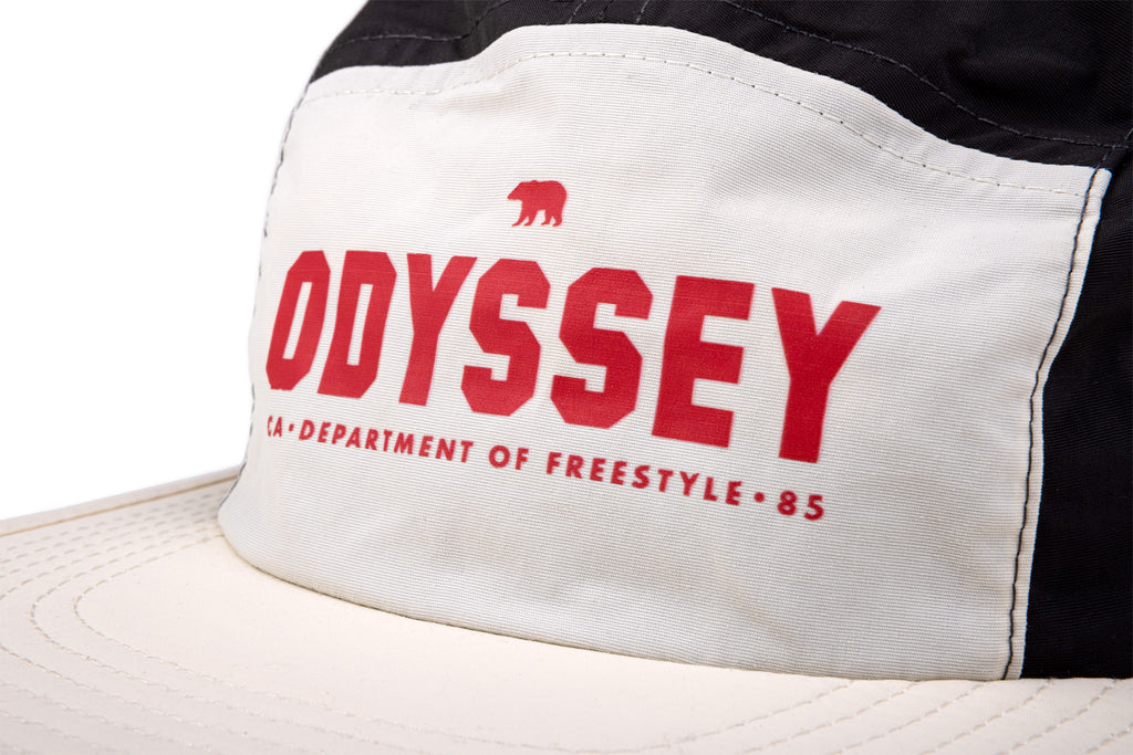 Odyssey Campus Nylon 5-Panel Camper Hat (Off-White/Black w/ Red Screen Print)