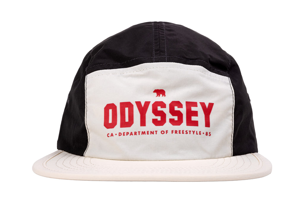 Odyssey Campus Nylon 5-Panel Camper Hat (Off-White/Black w/ Red Screen Print)