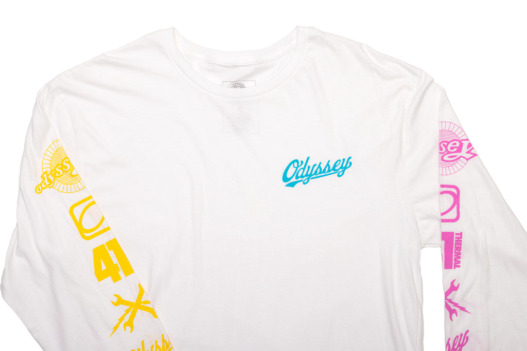 Odyssey History Long Sleeve (White w/ Yellow+Teal+Pink Ink)