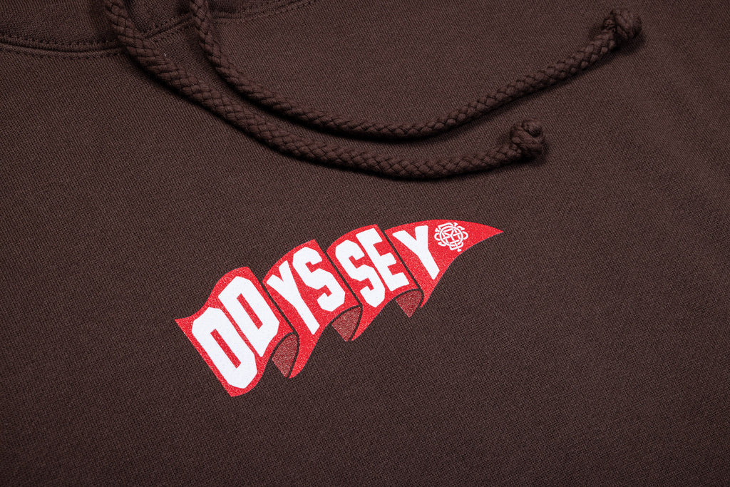 Odyssey Pennant Pullover Hoodie (Brown with Red/White Ink)