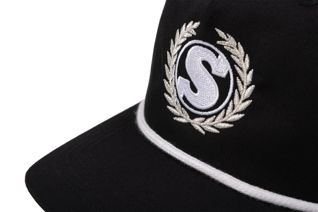 Sunday Winner's Wreath 5-Panel Soft-Structured Hat (Black with White Rope and White/Silver Embroidery)